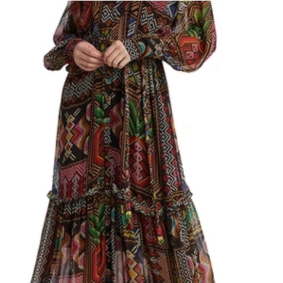 NWT FARM Rio Rauti Midi Dress Large Multi Abstract Tiered Long Sleeve High Neck - Picture 4 of 5